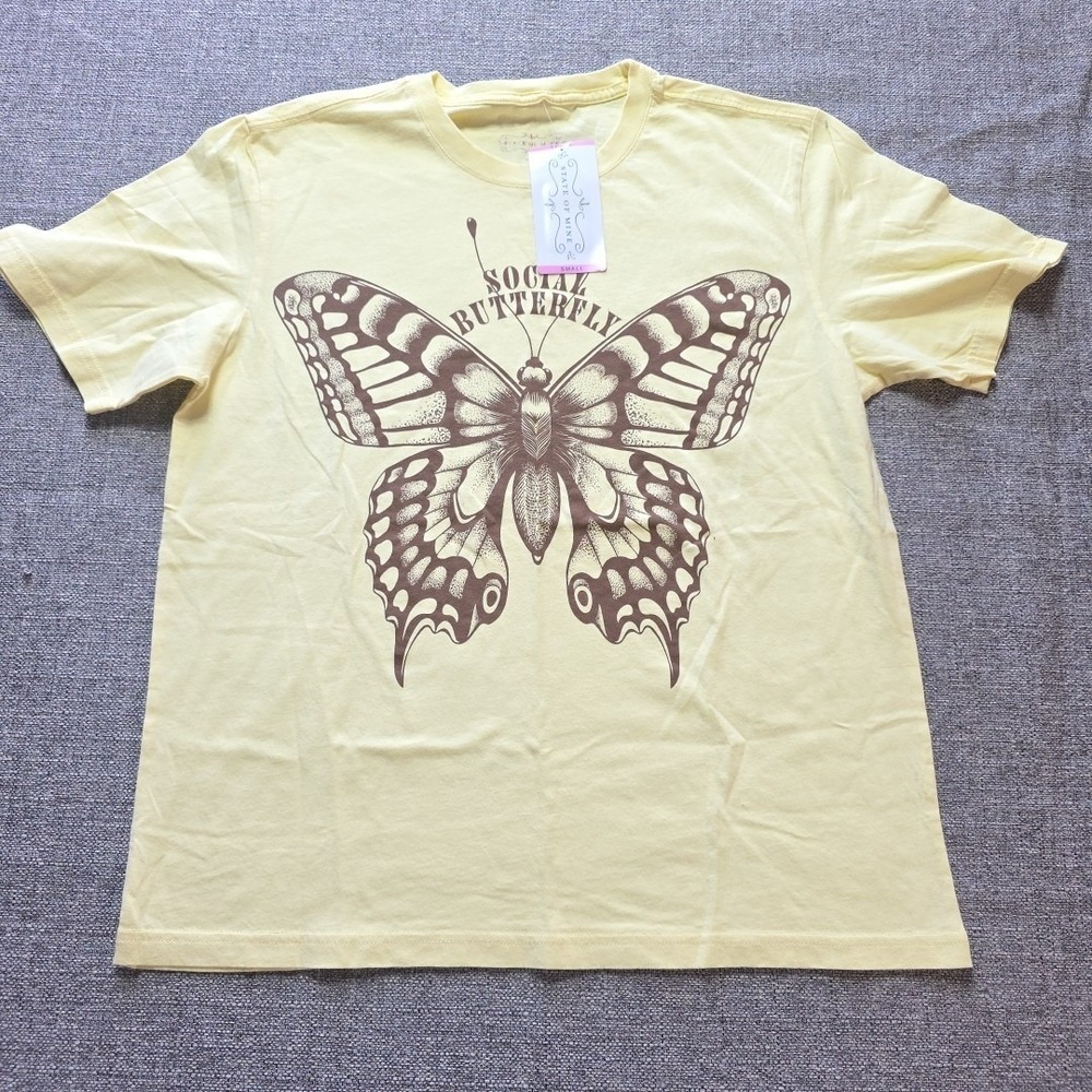 State Of Mine Social Butterfly T-Shirt 100% Cotton NWT Size Small Yellow